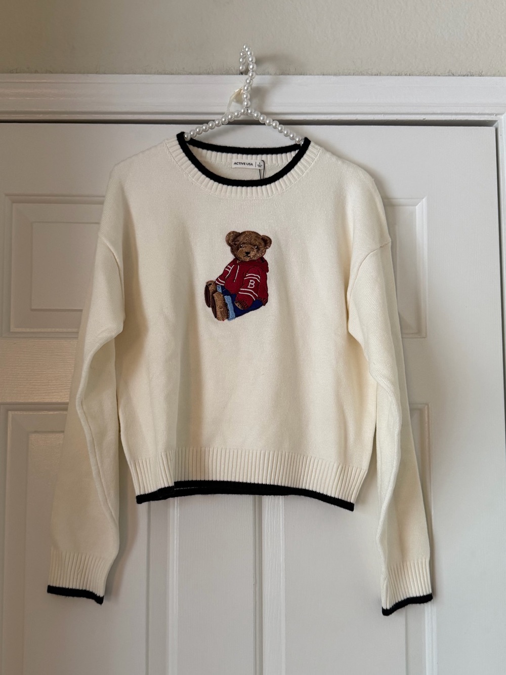 Active USA Cream Embroidered Bear Sweater